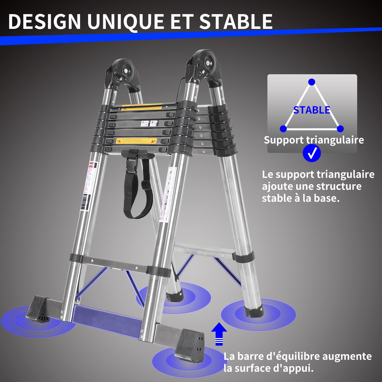 JADDUO Échelle Télescopique en Aluminium 5.6 m (2.8 m + 2.8 m) avec Stabilisateur et Roues Capacité 150 kg Idéale pour Nettoyage Gouttières et Réparations Extérieures