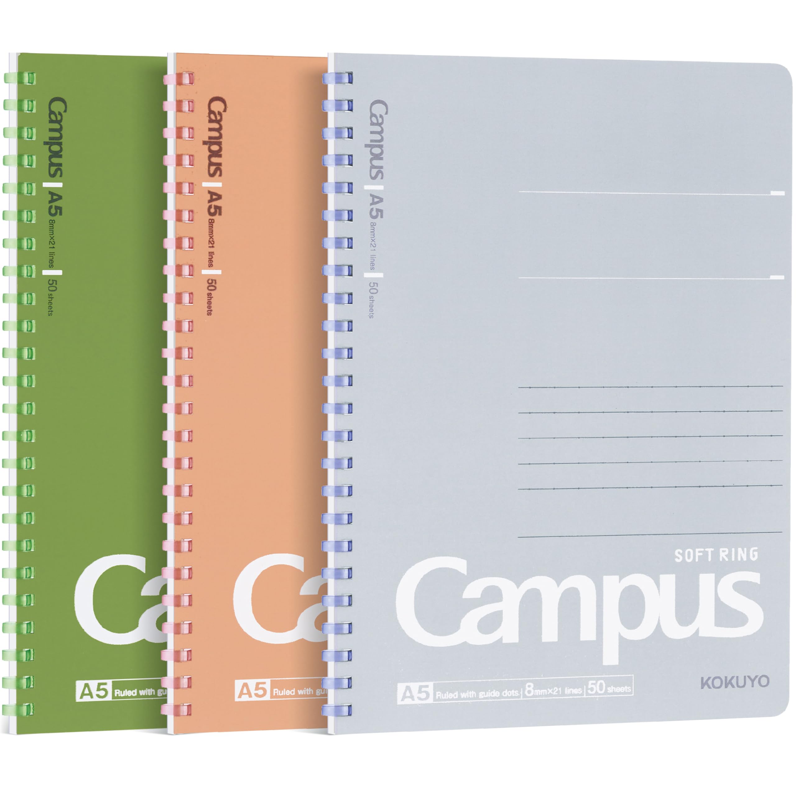 KOKUYO Spiral Lined Notebook, 3 Pack 8.3'' x 5.8'' Solid Colors A5 Campus Soft Ring Notebooks with Dot 8 mm Ruled, 50 Sheets, 1 Subject Notebook, Note Taking for School (AMZUS_WAC-CSR3512-DG)