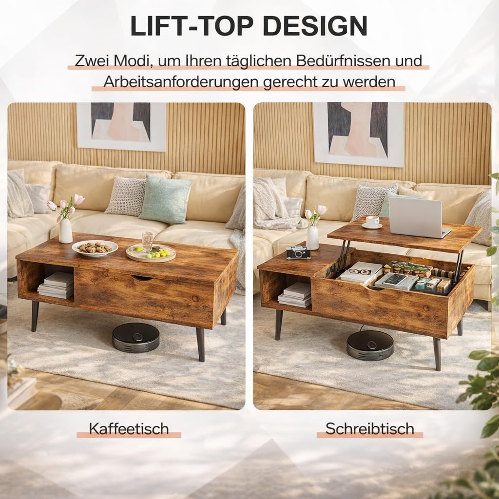 DUMOS Couchtisch Höhenverstellbar, Qualität Wohnzimmertisch, Couchtisch, Couchtische für Wohnzimmer, kleine, Moderne Holz-Mitteltische mit Ablagefach und verstecktem Fach (Holzfarbe)