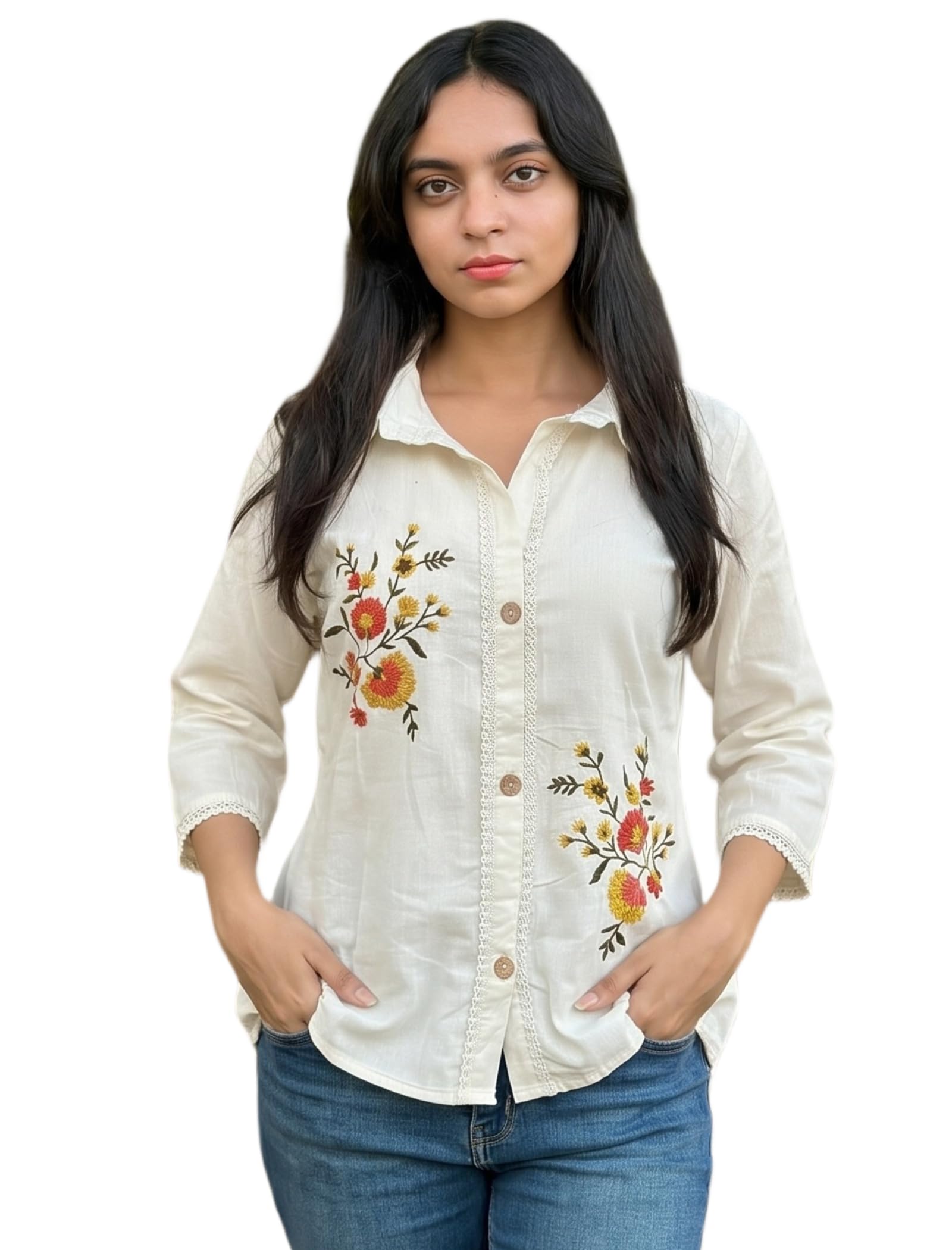 japnaam Women’s Off-White Floral Embroidered Button-Down Shirt Top|| 3/4 Sleeve Casual Shirt Top Office & Casual Wear Women-picture-41