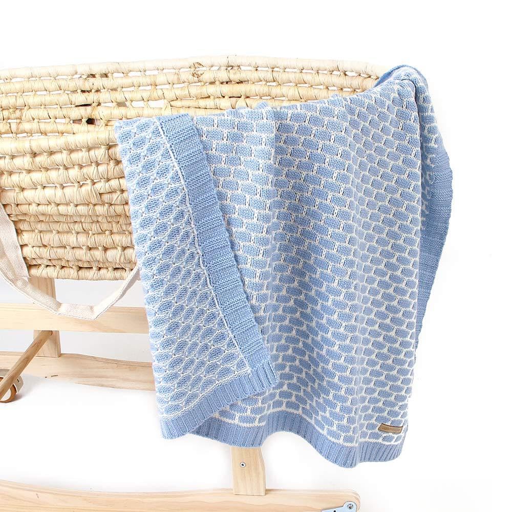 Odot Baby Soft Knit Pure Blanket for Boys and Girls One Size, Toddler Warm Swaddle Sleeping Square Throw Blankets Knitted Unisex Patterns Pram Cot Bed Textured Sleep Blanket (95 * 75cm,Sky Blue)