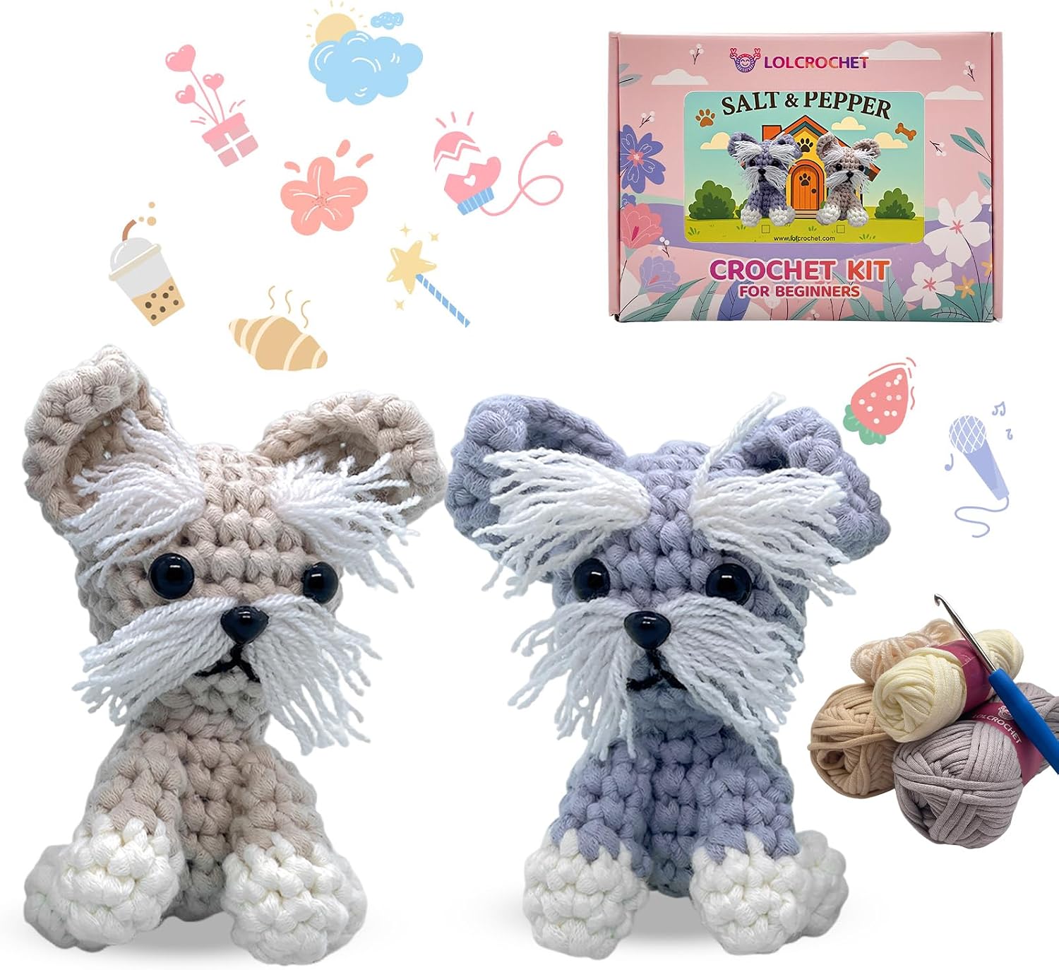 Dog Crochet Kit for Beginners, Learn Crochet Animal Kit, Include Video Tutorial & Manual, Easy Knitting Yarn for Adult, DIY Holiday Birthday Gift Idea(2pack Schnauzer Puppy)