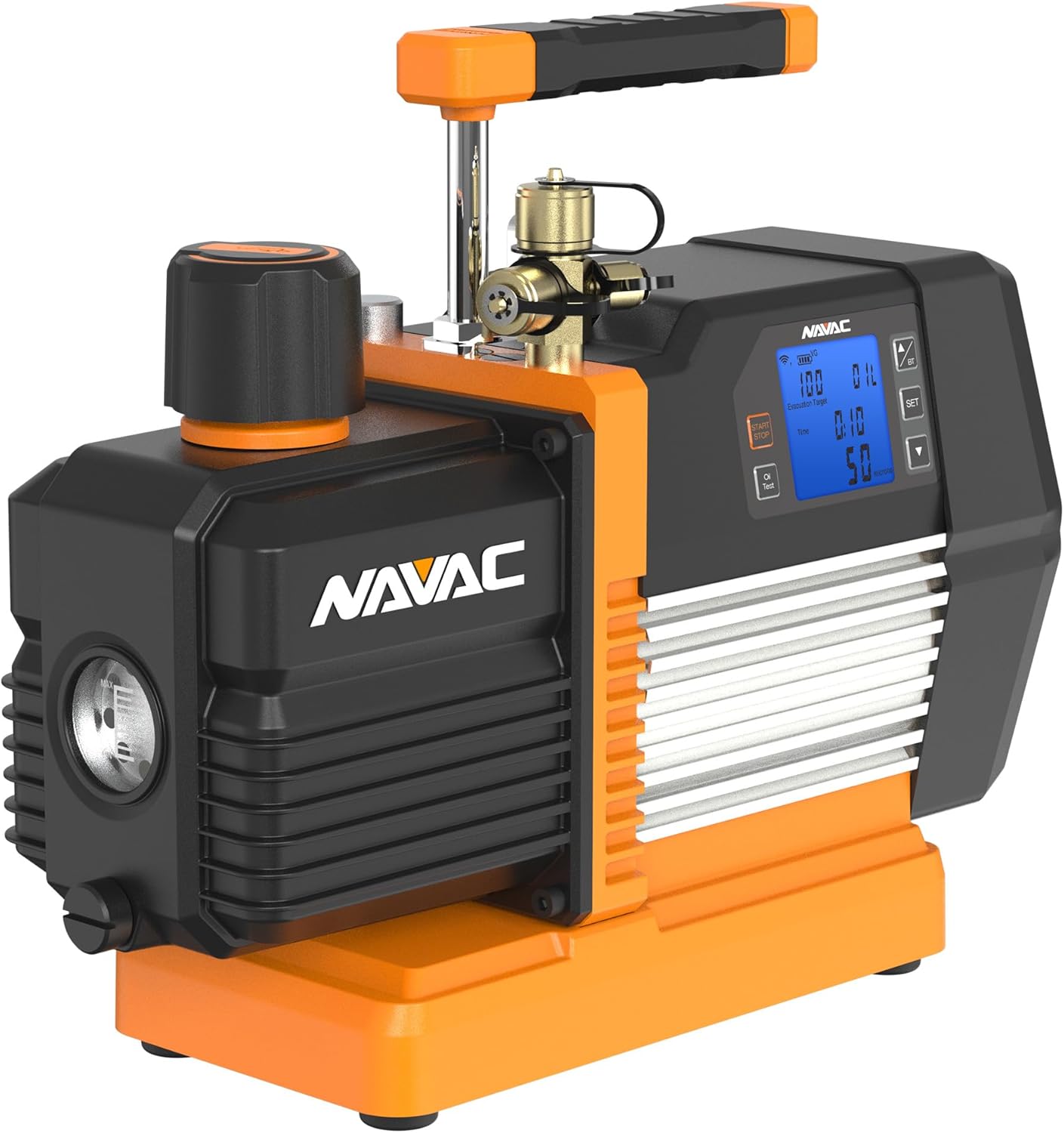 NAVAC Smart Vacuum Pump, NP8DSV - 8 CFM Dual-Stage AC Motor, 15 Micron Vacuum - One-Click Oil Health Test, Real-Time Readings with Digital Display & NMV1S Bluetooth Gauge Included - 29 lbs HVAC Pump