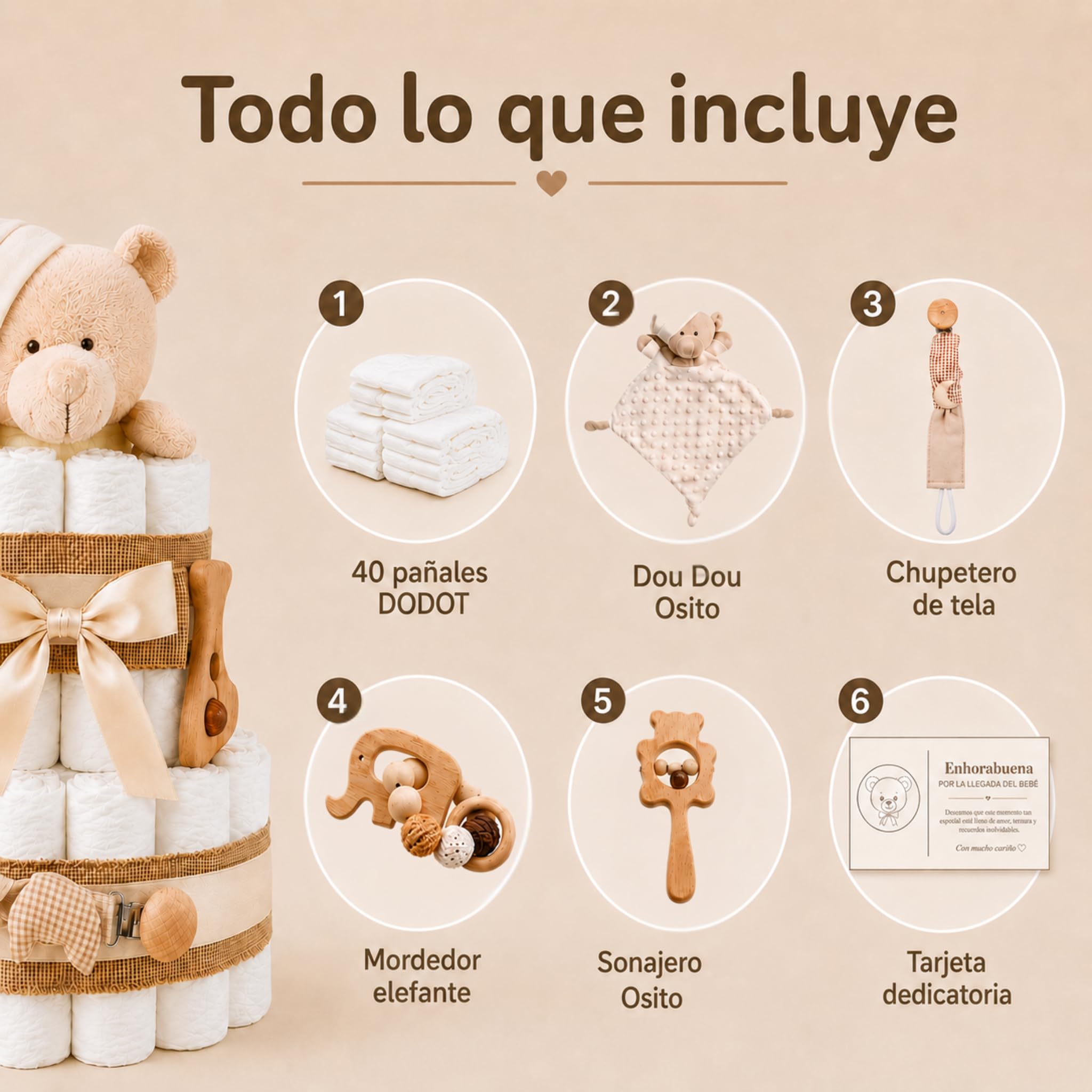 Tarta de Pañales DODOT | Pastel de Pañales para Bebés | Regalo Original para Recién Nacido | Regalo para Bebé Unisex | Modelo Beige Bear – MyLittleBabies