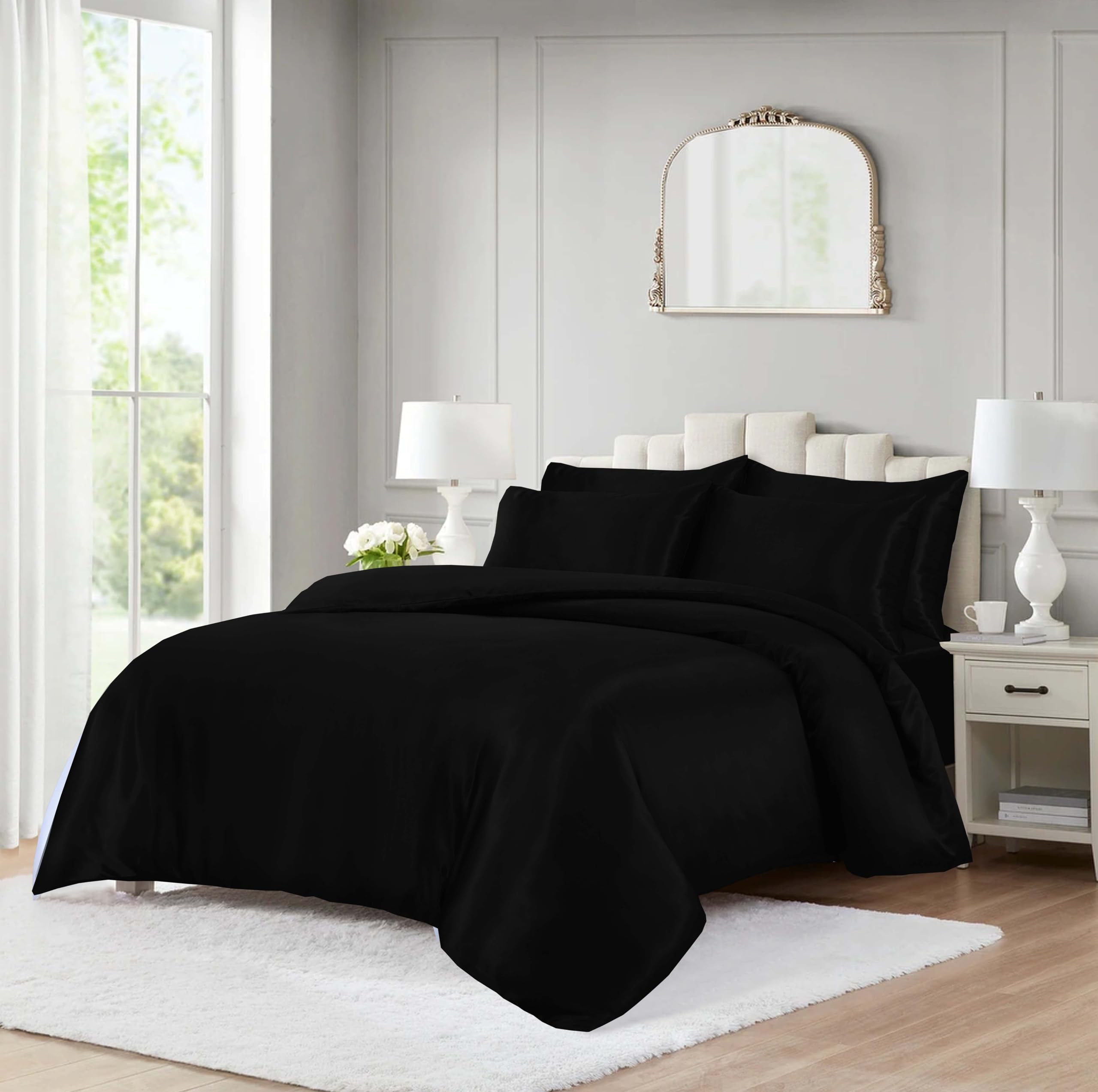 ROOEE 10 Piece Satin Silk Complete Bedding Set – Luxury Satin Duvet Cover, Silky Fitted Sheet with Matching Pillowcases, Sleep Mask, Hair Accessories & Storage Pouch (Black, Super King)