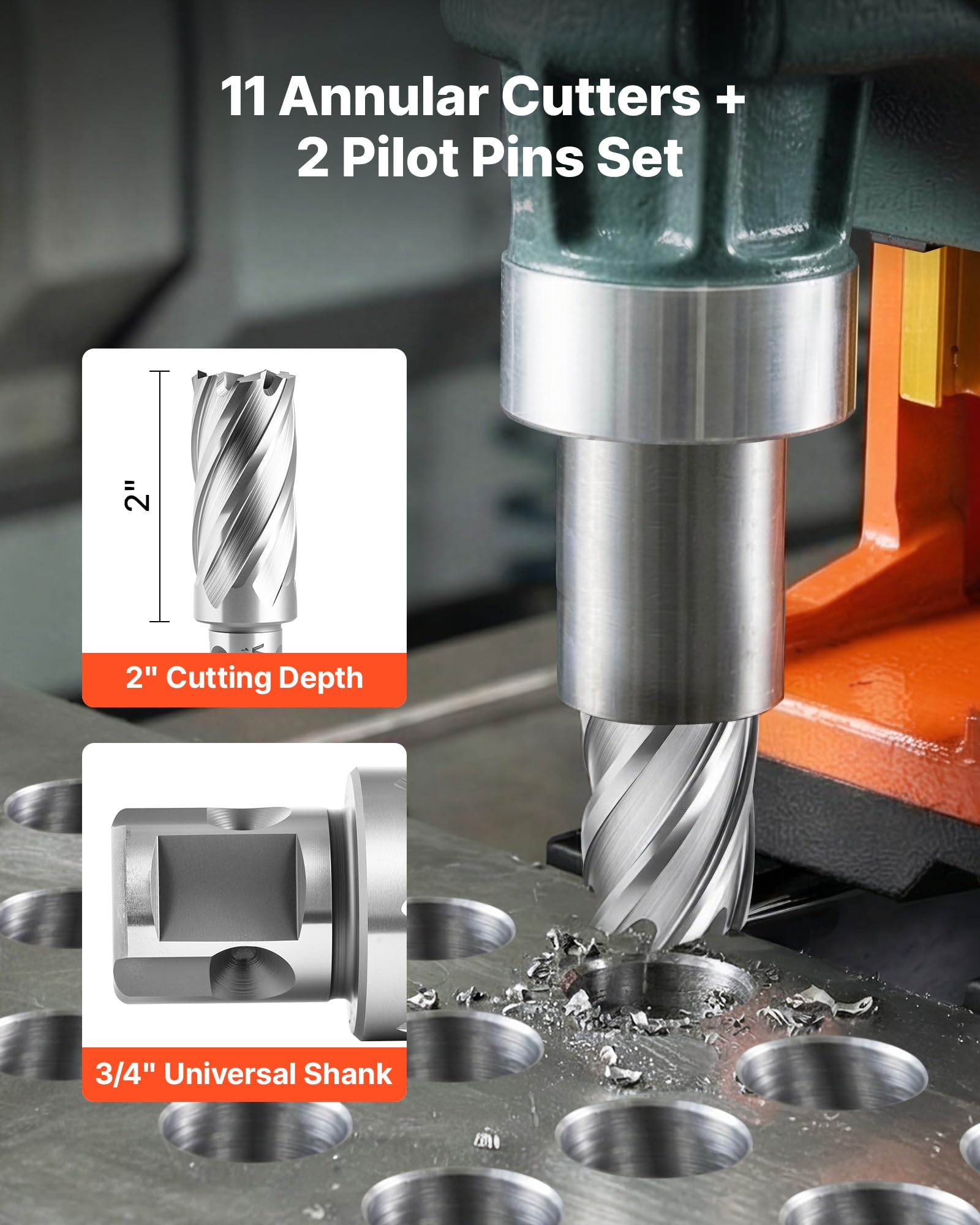 VEVOR HSS-Kernbohrer Weldon-Schaft 13-tlg. Magnetbohrer 11,11–26,98 mm Schnittdurchmesser, 11 Bohrer mit 2 Zentrierstiften, 50,8 mm Schnitttiefe, Kunststoffkoffer, für Magnetbohrmaschinen, Stahl