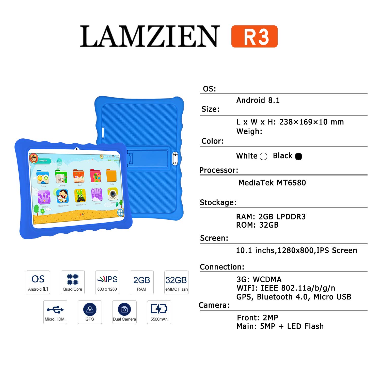 Tablet 10 Pollici, Tablet Bambini,Android 8.0 2GB+32GB 1280 * 800 IPS Display 3G Dual-SIM Quad-Core WiFi Bluetooth Juegos Educativos,BLU
