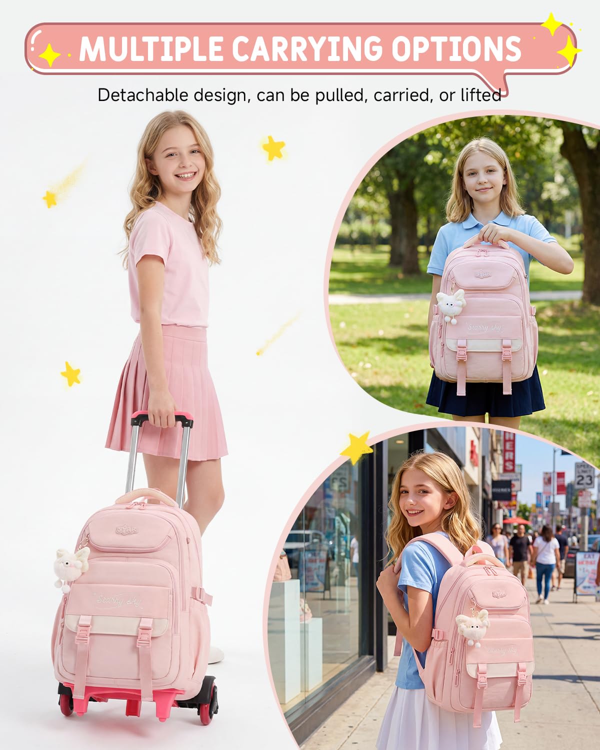 Amythe Cartable a Roulette Fille, 30L Sac à Dos à Roulettes Collège | Sac a Dos Scolaire Primaire Décontracté avec Chariot pour Voyages, 6 Roues, Rose