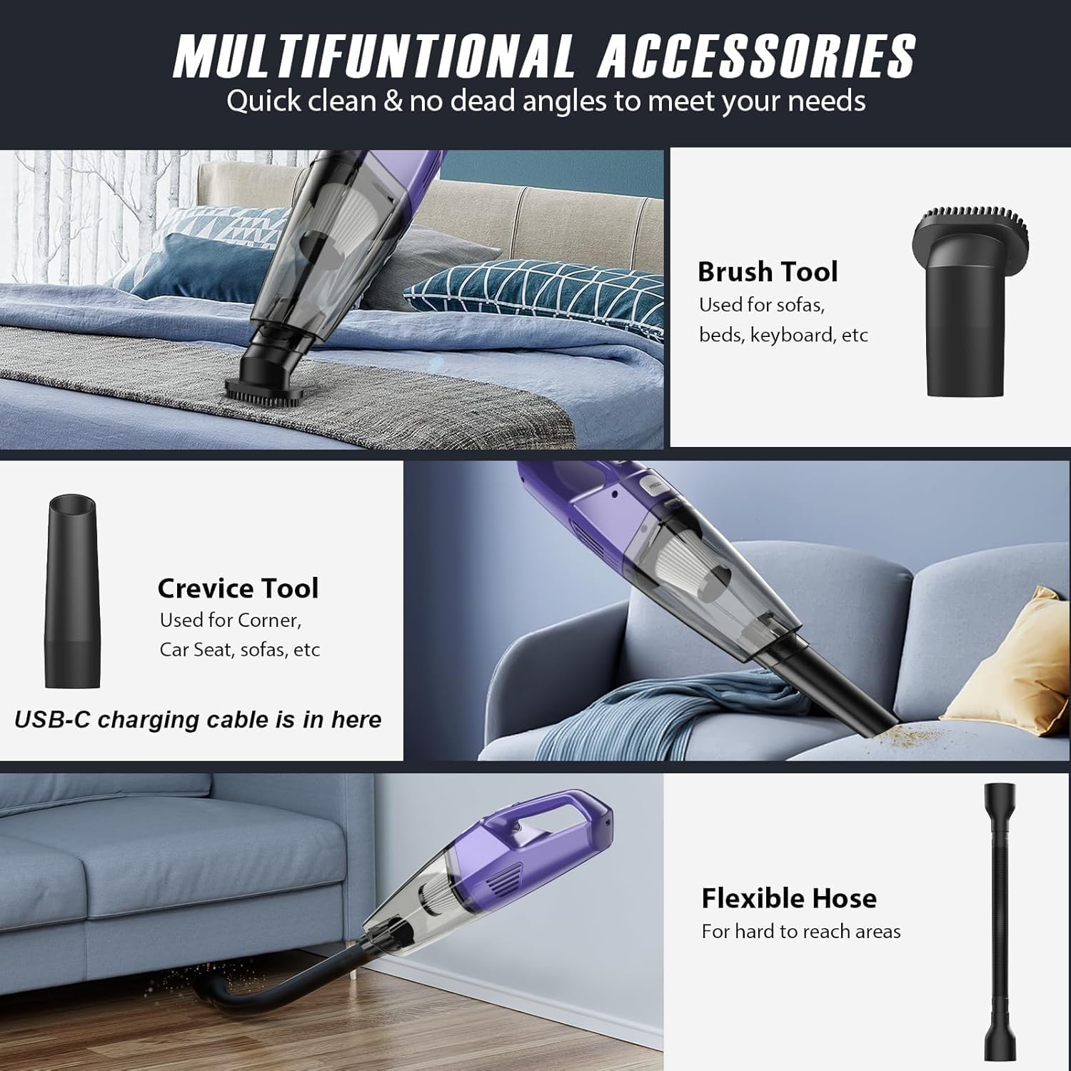 Handheld Vacuum Cordless – Car Vac Portable with 8KPA & Multi Accessories & Low Noise, Lightweight Hand Held Vacuum Cordless Rechargeable for Car/Home/Dust/Pet Hair, Mine Portable Vacuum Violet Light