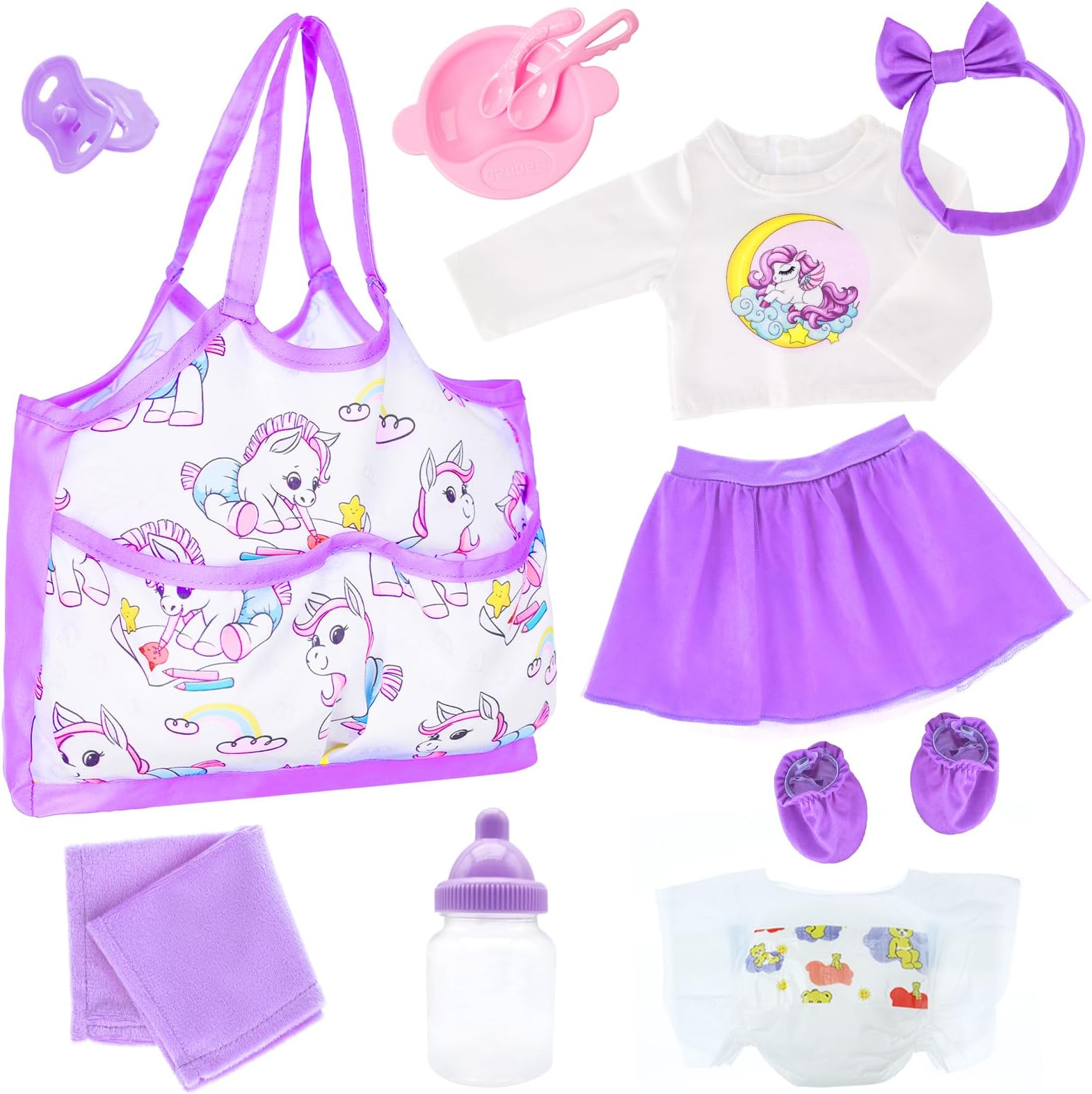 Baby Doll Accessories Doll Diaper Bag Set with 14-16 Inch Doll Clothes Set Included Bottles, Pacifier, Diaper, Headband Best Gift for Kids