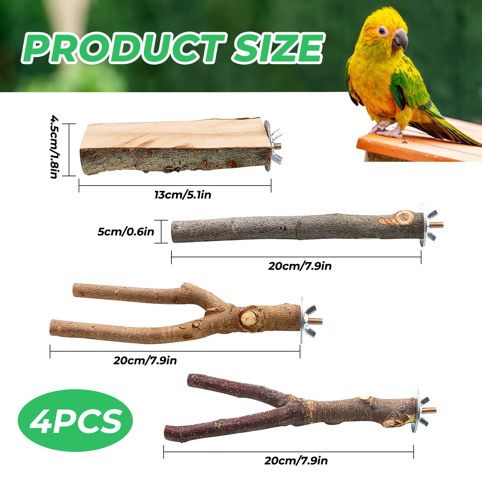 KIPTVO 4PCS Natural Wood Bird Perch, Budgie Perches, Parrot Perch, Wooden Perch Bird Swing, T Stand Parrot Perch Stands - Image 2