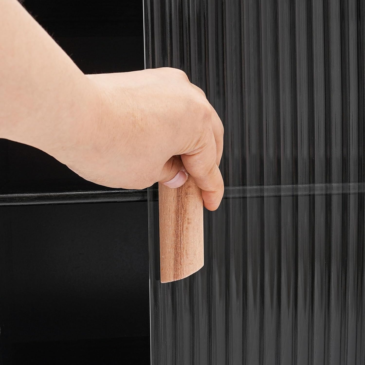 Small Bamboo Kitchen Pantry Sideboard with 2 Sliding Striped Glass Doors Detachable Laminate Freestanding Countertop Storage Cabinet for Spice Seasoning Bottles Dish Bowl (Black)