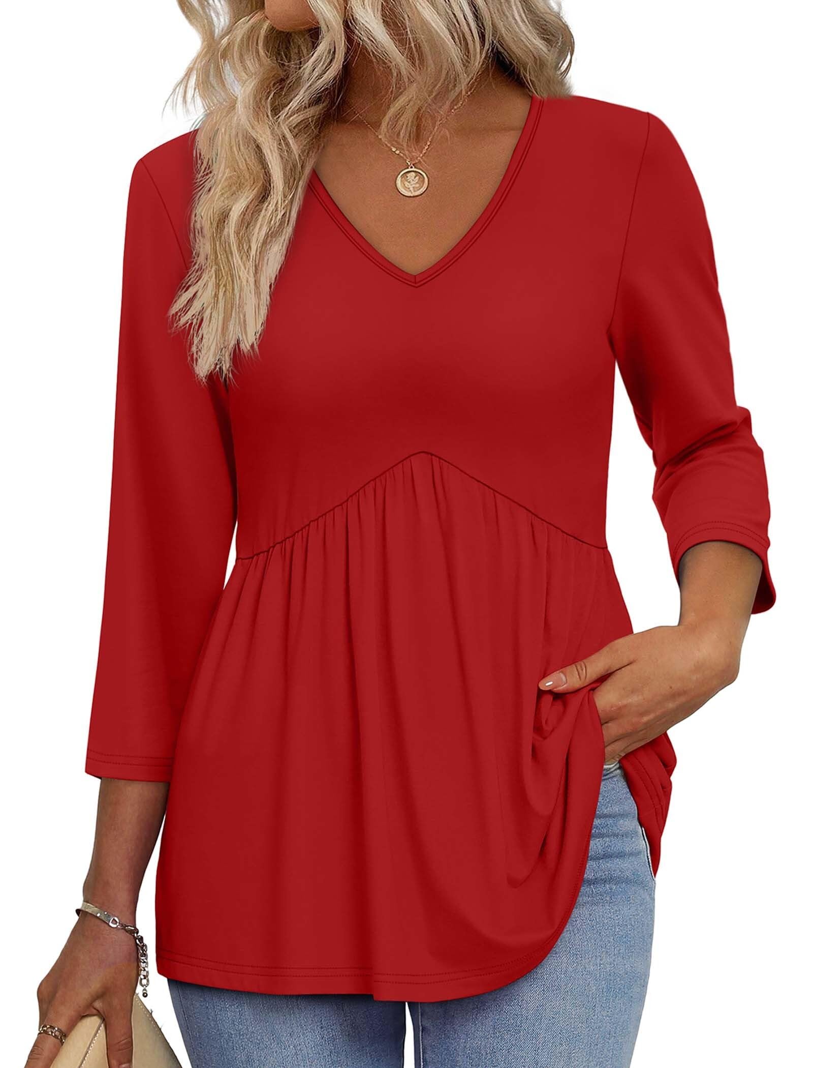 OFEEFAN 3/4 Length Sleeve Womens Tops 2026 Blouses for Women Dressy Casual Fashion Clothing V Neck Babydoll Tops Fall Outfits