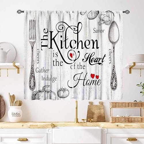 Cortinas rústicas de cocina, cuchara de tenedor retro, tablón de madera, granja, tema de cocina, citas divertidas, tratamiento de ventana para