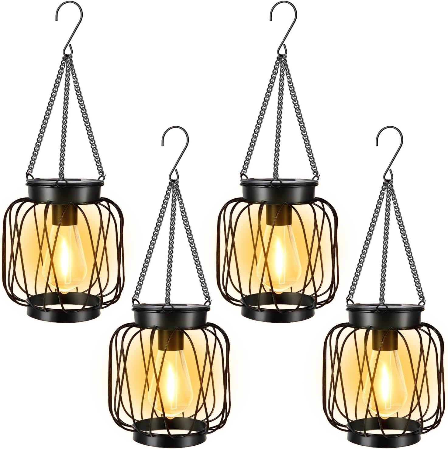 Solar Lanterns Outdoor 4 Pack, Metal Solar Hanging Lanterns with Hook - Outdoor Hanging Lantern Lights Waterproof, Bright Warm Lantern Decor for Outside Garden Yard Patio Pathway