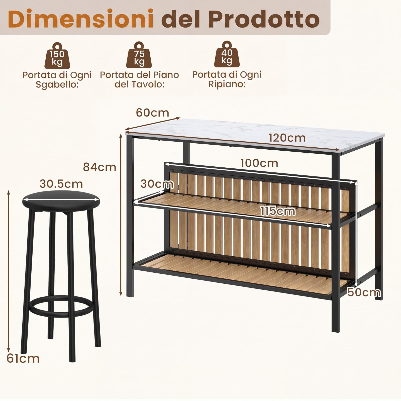 COSTWAY Isola da Cucina con Sgabelli da Bar Imbottiti