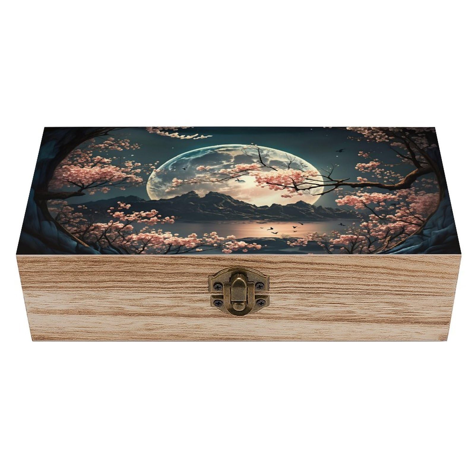 Peiyeety Black-5 Serene Cherry Blossom& Moon Rustic Wooden Jewelry Box With Hinged Lid - Vintage Natural Wood Keepsake Trinket Storage Organizer Gift Box, 7.9×3.9×2.3 Inch