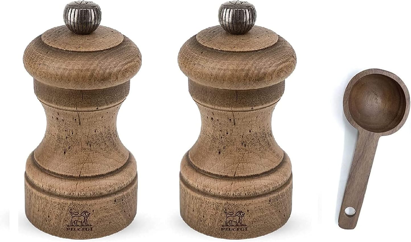 Peugeot Bistro Antique Gift Set Distressed Beechwood 4- inch Salt & Pepper Mill, With Wooden Spice Scoop (Salt & Pepper Mill Set)