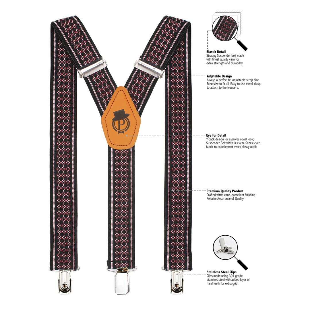 Peluche Honeycomb Black Coloured 3.5cm Strap Width Elastic Suspenders for Men 1