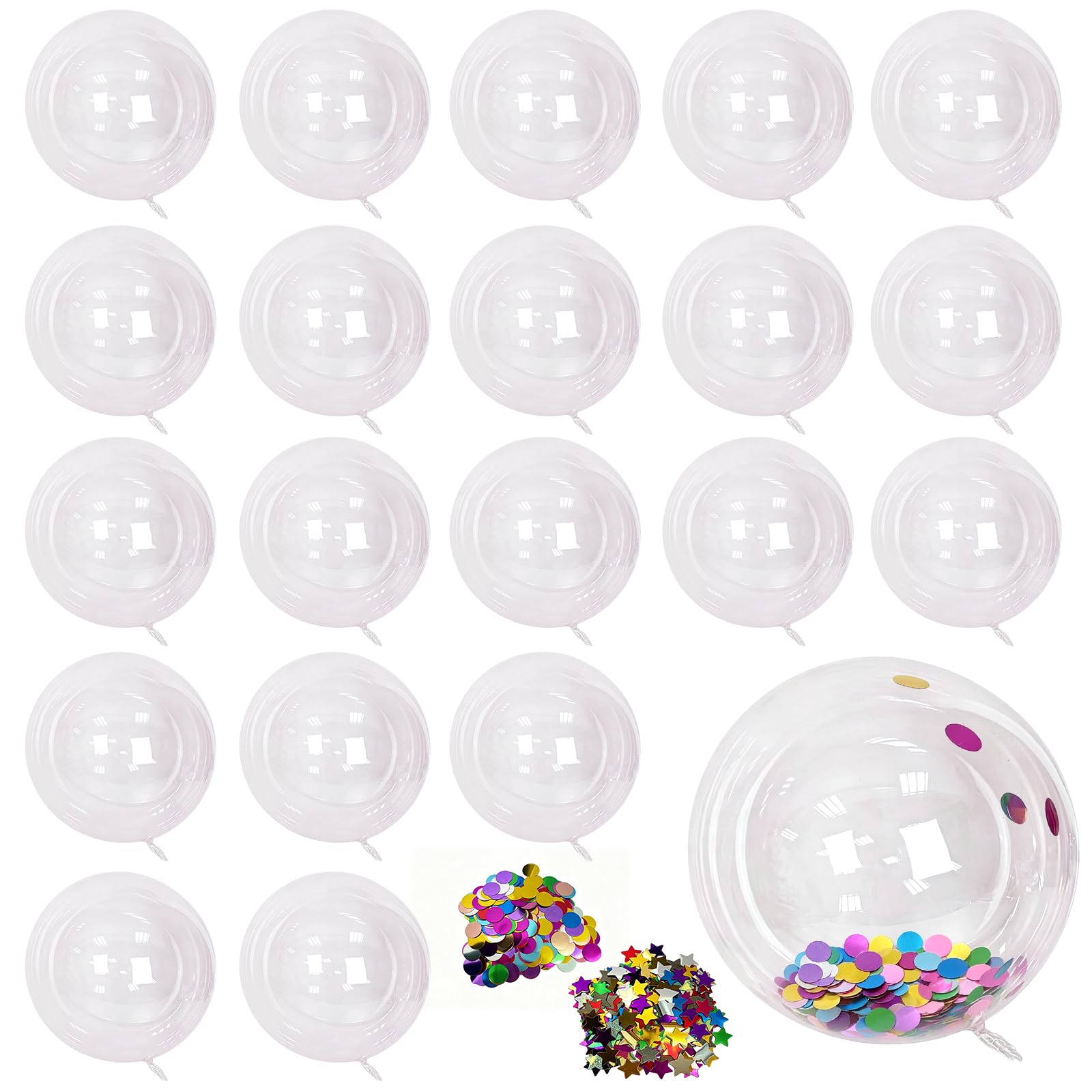 20Pcs Bobo Balloons, 24 Inch Transparent Plastic Balloons with Round Confetti and Star Confetti, for Party Wedding Birthday Anniversary Festival Graduation Home Gathering Decorations