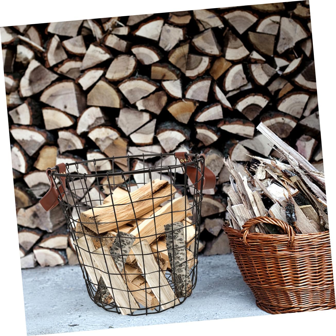 2pcs Large Round Wrought Iron Firewood Basket Decorative Storage Handle Metal Log Holder for Firewood Carrier Organizer