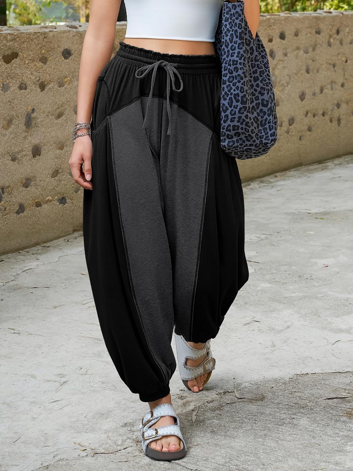 Fisoew Womens Baggy Wide Leg Harem Barrel Pants Casual Elastic Waist Drawstring Color Block Workout Track Pants with Pockets - Image 2