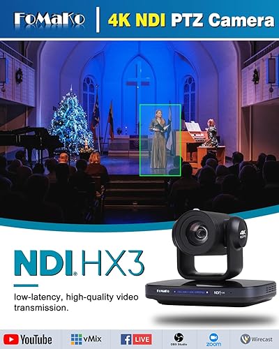 Miniatura 6 de FoMaKo Cámara PTZ NDI 12G-SDI 4K 60FPS con soporte libre, zoom óptico 20X, seguimiento de IA 4KP60, 1/1.8 UHD CMOS 8.42MP HDMI USB3.0 3G-SDI, cámara