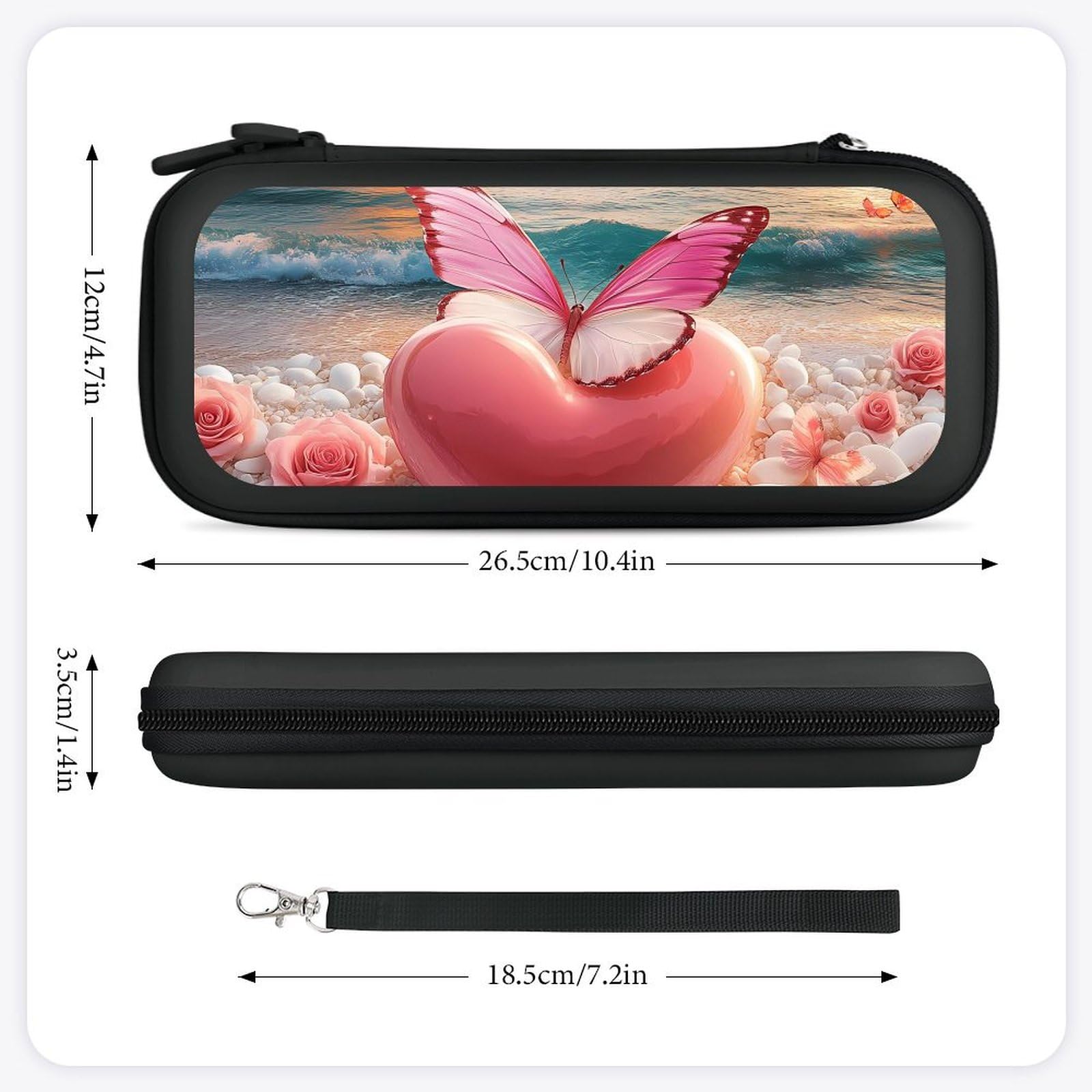 Sunset Beach Heart Rose Butterflies Compatible with Switch Carrying Case Hard Travel Game Bag Pouch with 15 Games Accessories Black-style