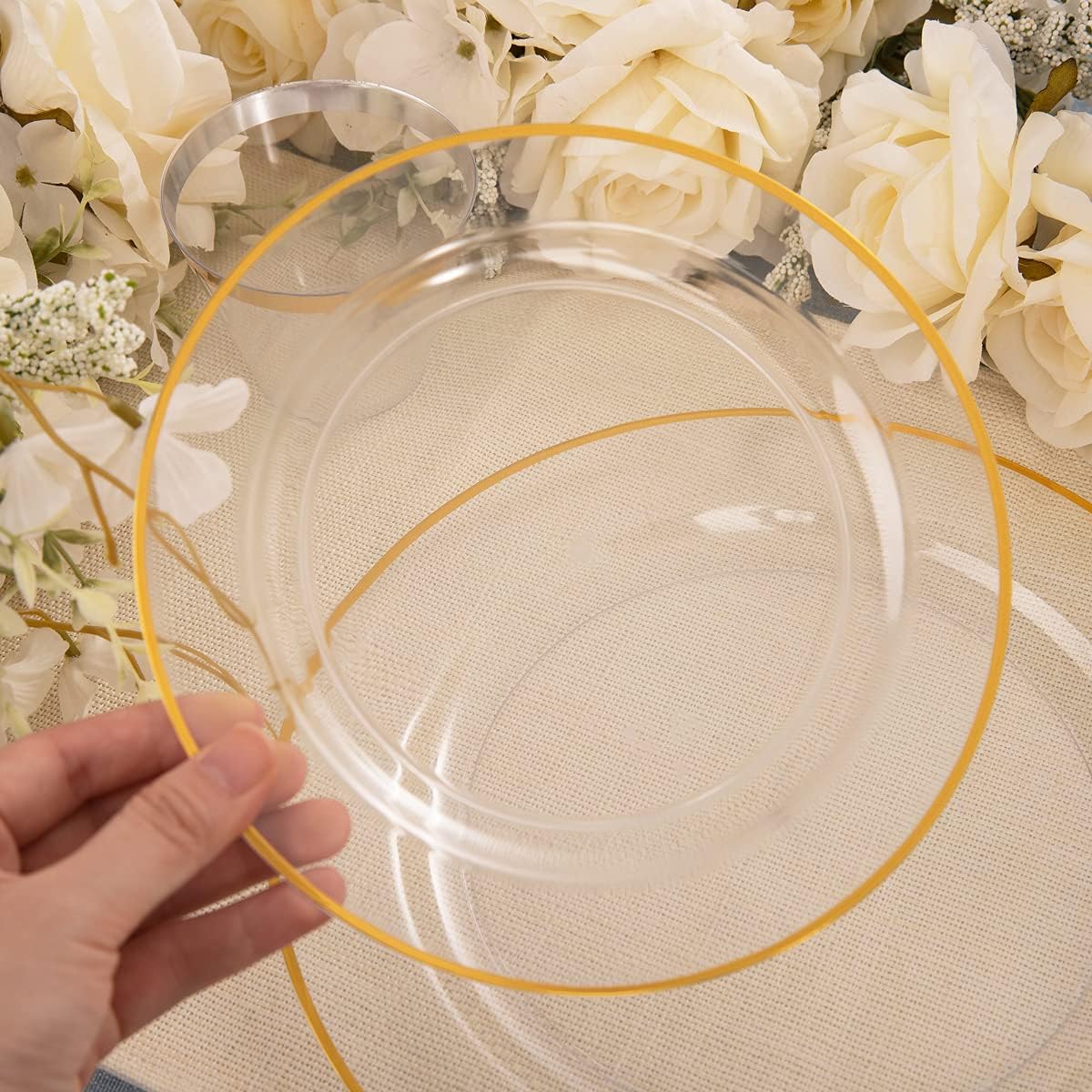 SUT 150 PCS Gold Plastic Plates, Disposable Clear Gold Dinnerware Set with Cups, Includes: 25 Dinner Plates, 25 Dessert plates, 25 Cutlery, 25 Cups, Prefect for Party, Wedding & Shower