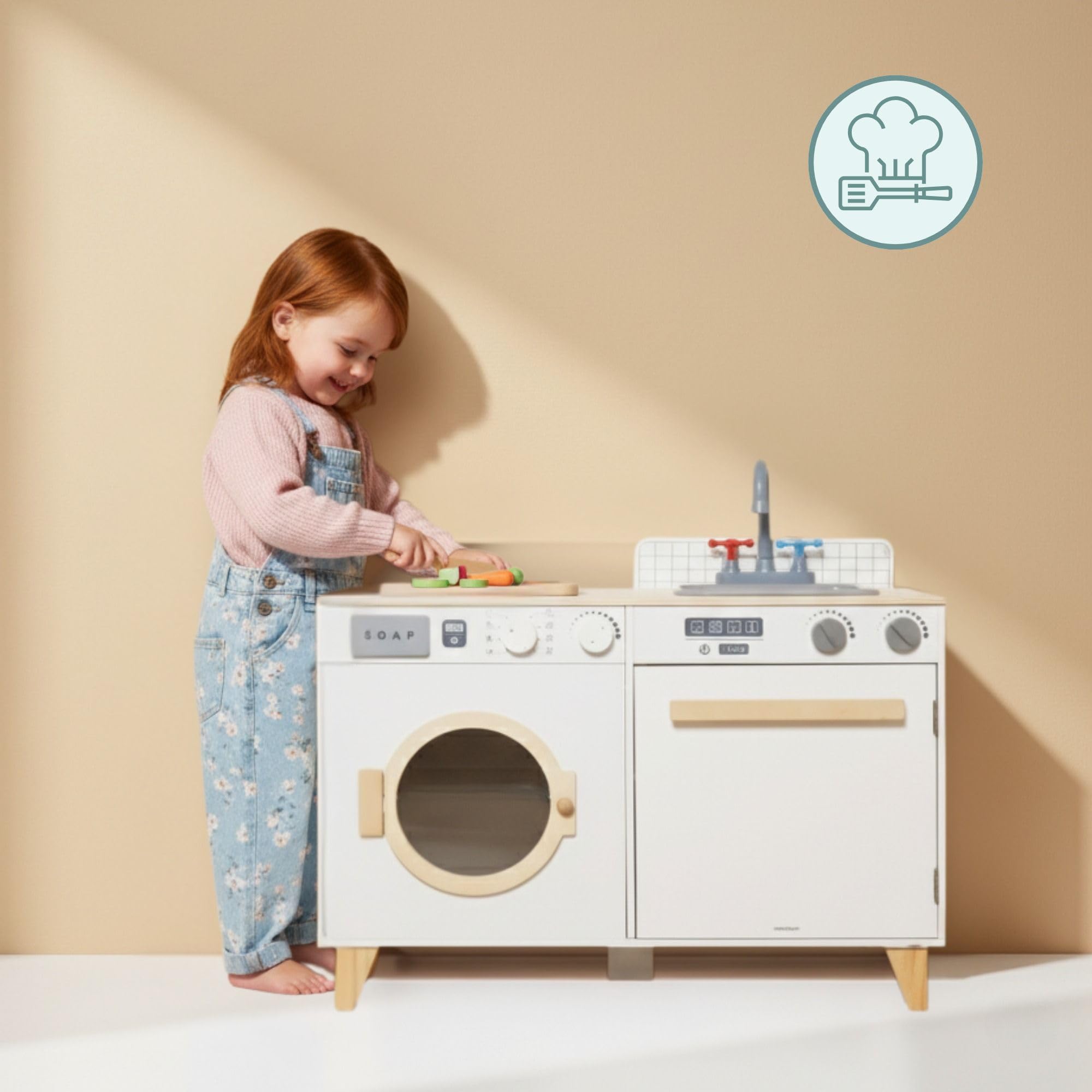 Mamabrum Holz Kinderküche & Waschmaschine – 2 in 1 Set mit Spüle, Waschmaschine und Zubehör für kreatives Rollenspiel