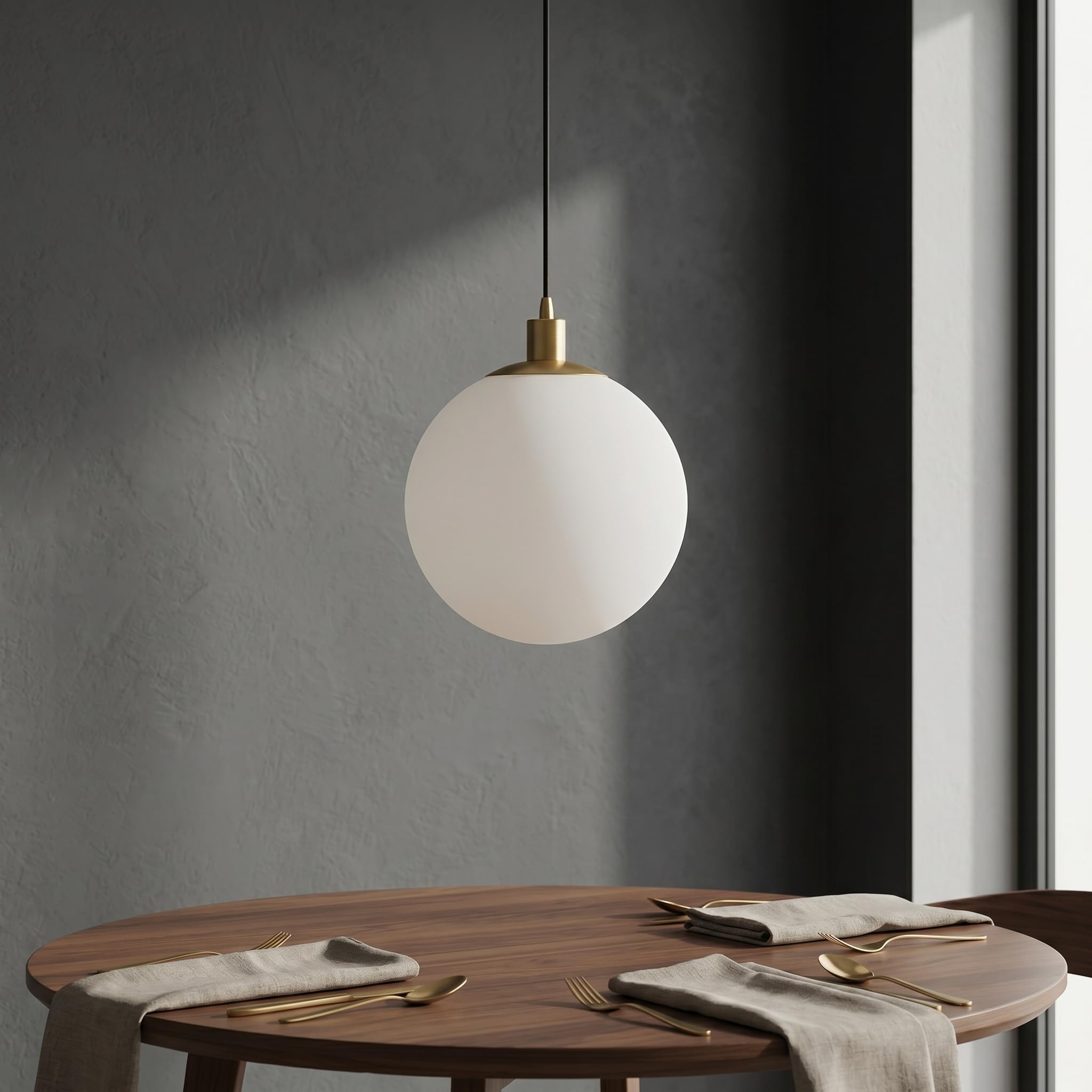 Minimalist Bereifte Weiße Glaskugel Pendelleuchte Moderne Hängelampe E27 Messing Geflochtene Litzenleiter Deckenleuchte für Schlafzimmer Salon Küche (30cm)
