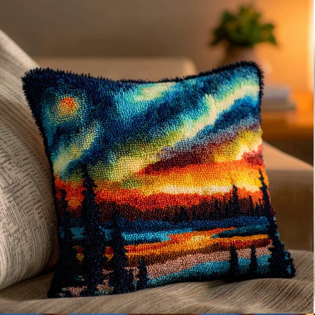 AxiangziK Latch Hook DIY Pillow Kit,Aurora Cushion Cover 43X43Cm