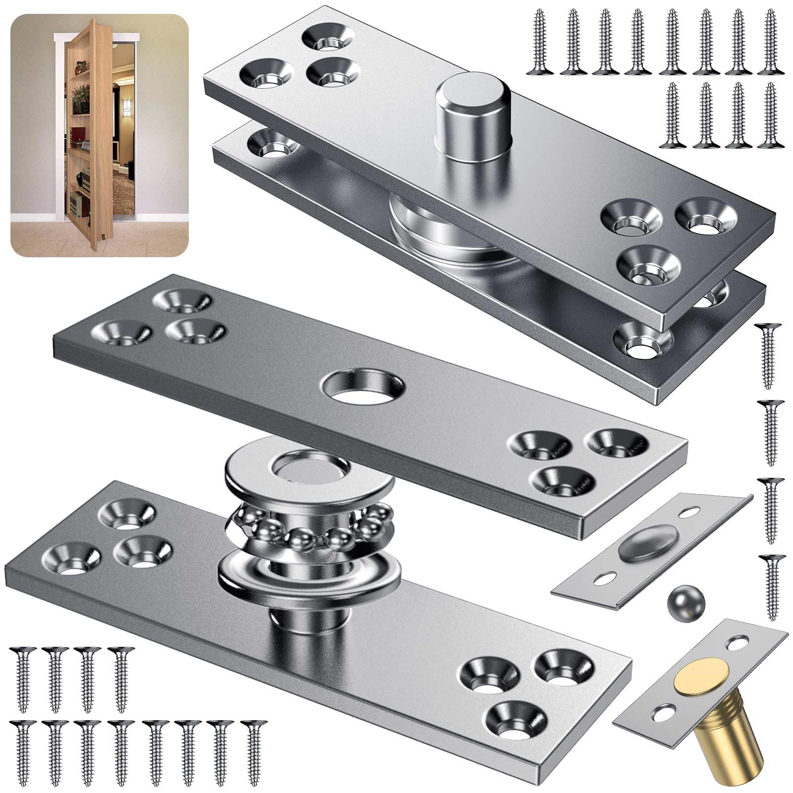 Heavy Duty Hidden Pivot Hinges for Murphy Door – 300LB Side Mount 1 Set, Stainless Steel Secret Door Hardware Kit for Bookshelf, Wood Door, and Hidden Room Entry (Center Mount 1 Set)