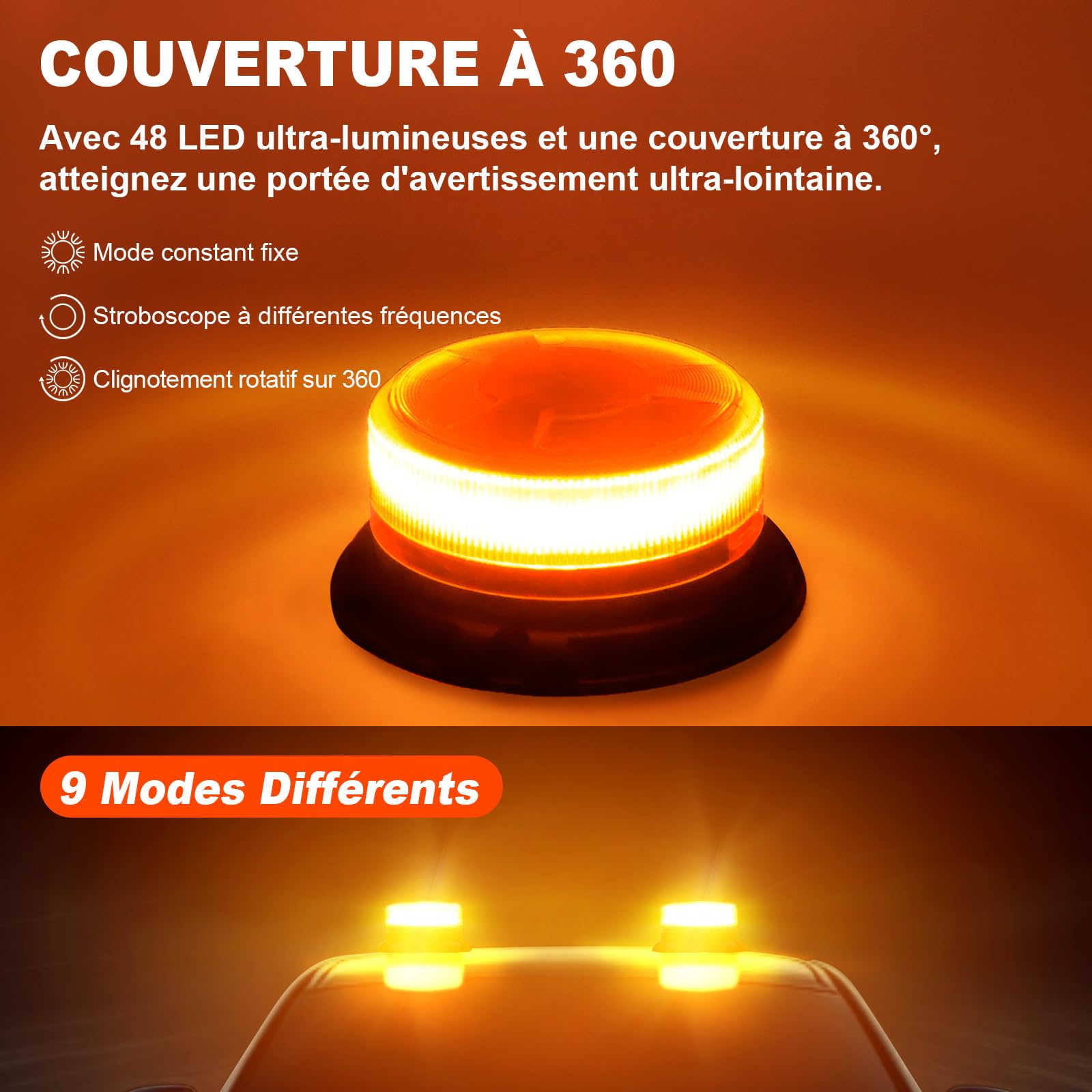 AnTom 2PC Gyrophare LED Vehicule Sans Fil 9-80V Orange Magnétiques | Rechargeables,9 modes de clignotement,fixation magnétique pour véhicules de chantier et signalisation temporaire