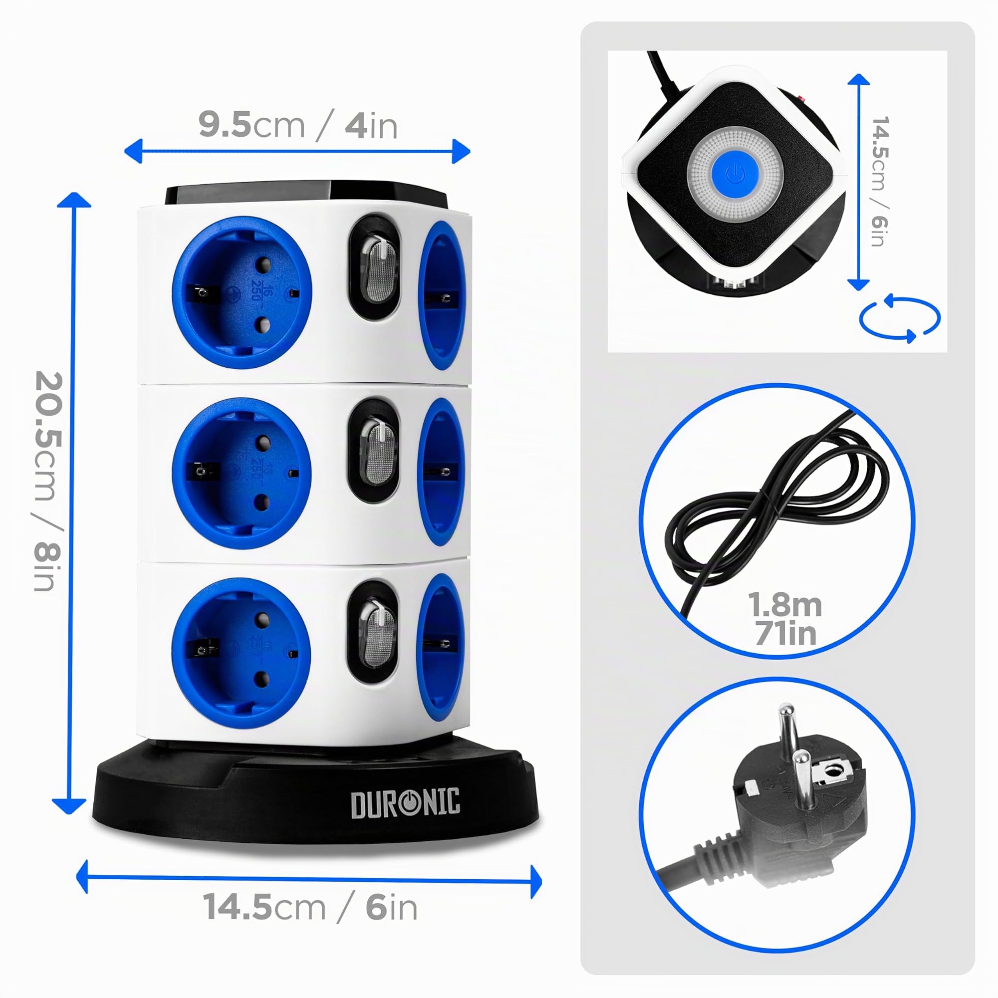 Duronic ET12L Regleta 12 Tomas y 3 Puertos USB y Luz Nocturna Táctil | Cubo de Enchufe de 12 Tomas 3680 W 16A, Regleta Protección Contra Sobretensión, Cable 1, 8 m