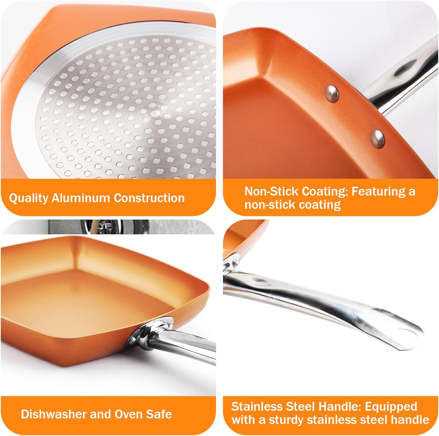 Square Frying Pan 9.5'' Square Skillet Non Stick Induction Frying Pan with Stainless Steel Handle Cooking Pan Dishwasher and Oven Safe for Quickly Even Heating Square Frying Pan