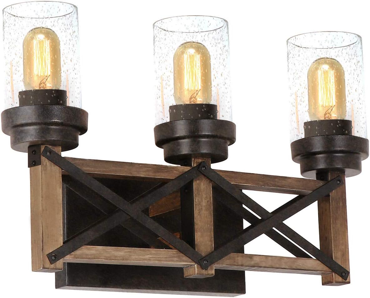 Free Shipping 🛒 Eumyviv Industrial 3 Lights Bathroom Vanity Light with Seeded Shades, 18.9L Distressed Wood Farmhouse Rustic Wall Sconces Vintage Edison Wall Lamp Light Fixture, Black and Brown(W0070)