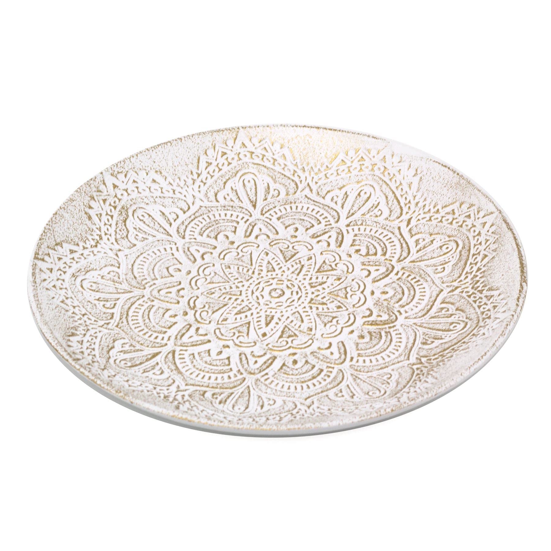 White & Gold Mandala Flower Round Serving Tray | Boho Antique Style Wooden Coffee Table Display | Decorative Dish - 30cm