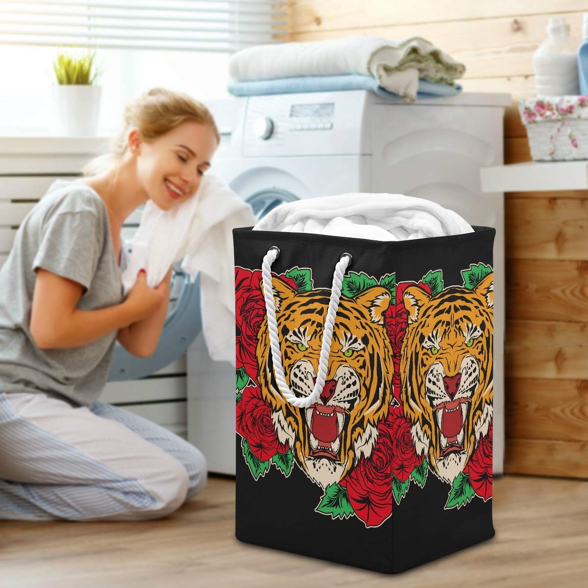Tiger Rose Premium großer Wäschesack, freistehend, zusammenklappbar, mit Tragegriffen