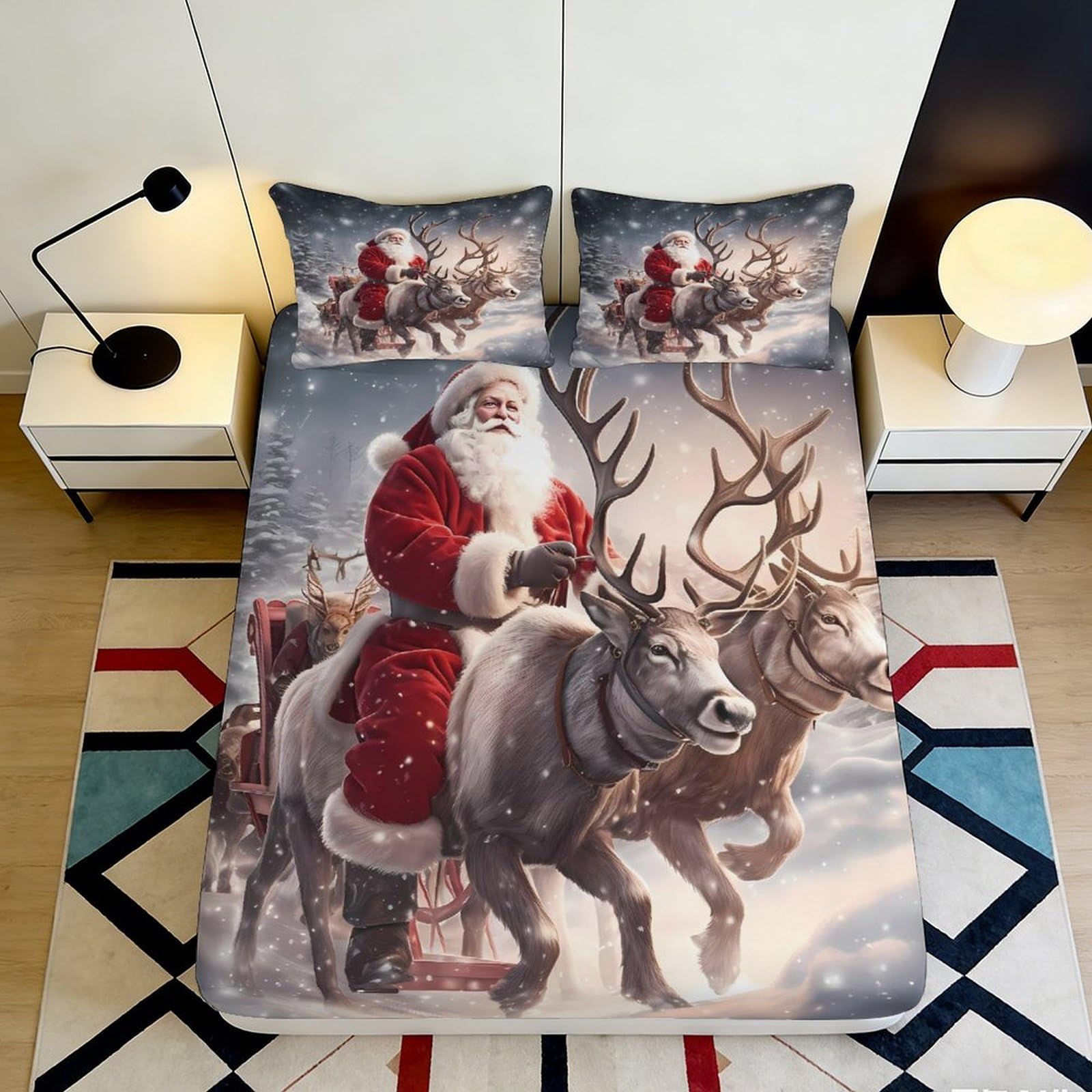 3D Printed Santa Claus Reindeer Fitted Sheet Microfiber Soft Christmas Bed Cover for Bedroom Guest Room Decor 90x200x25cm
