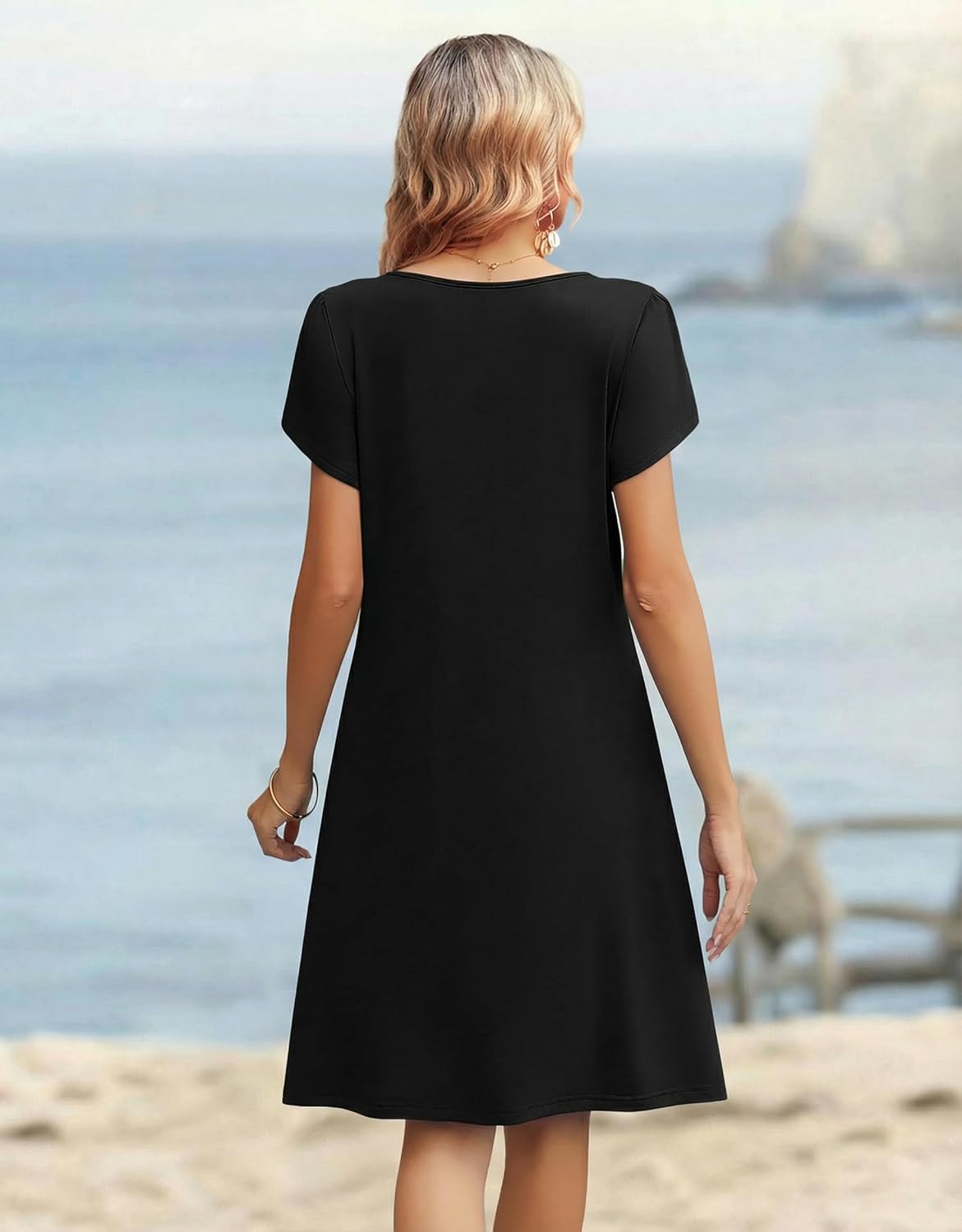 Zeagoo Women's Casual Dresses with Pockets Summer Floral V-Neck A-Line Tshirt Dress Short Sleeve Mini Dress Beach Sundress - Image 5