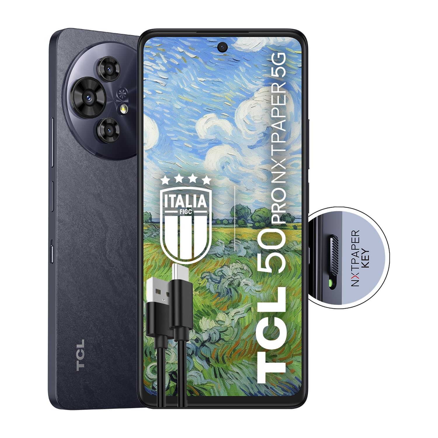 TCL 50PRO NXTPAPER 5G - Smartphone 5G Display 6.8" 120Hz Nxtpaper 3.0, 512GB, 16GB RAM (8GB+8GB virtual RAM), Tripla Cam 108Mpx + front cam 32Mpx, Android 14, Batt. 5010 mAh, Black, USB Type-c bundle