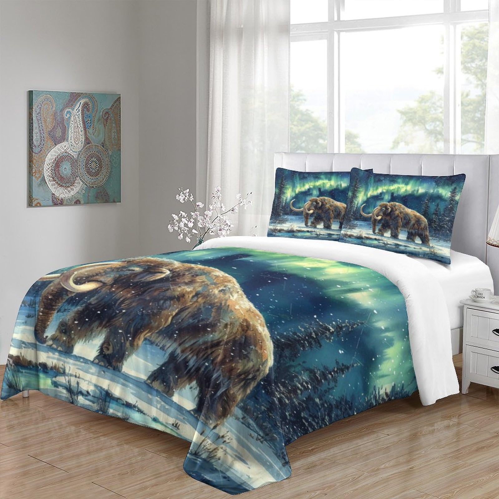 Poszewka z nadrukiem 3D z nadrukiem mamuta, rysowana pościel z mikrofibry, hipoalergiczny zestaw 3 sztuk, super king (260 x 220 cm), dla chłopców i dorosłych