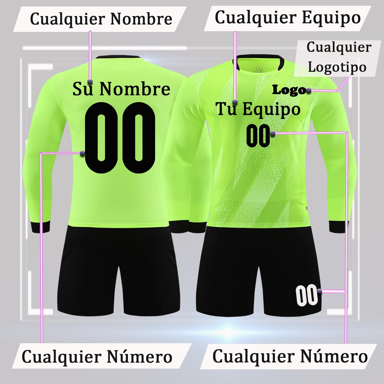 Camiseta Portero Personalizado para Niños Adultos Mangas Largas Equipacion Futbol Portero y Pantalones Cortos de Portero Pantalones Personalizados con su Nombre Número Equipo