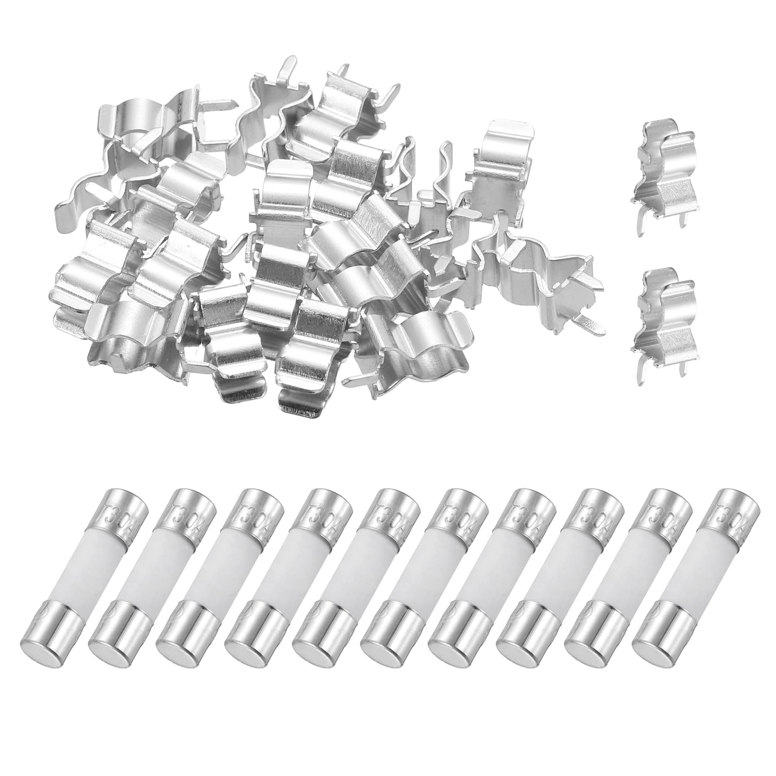 sourcing map 10pcs 30A 250V Slow Blow Ceramic Fuse, 30Amp Cartridge Time Delay Fuses 5x20mm with 20pcs Clips