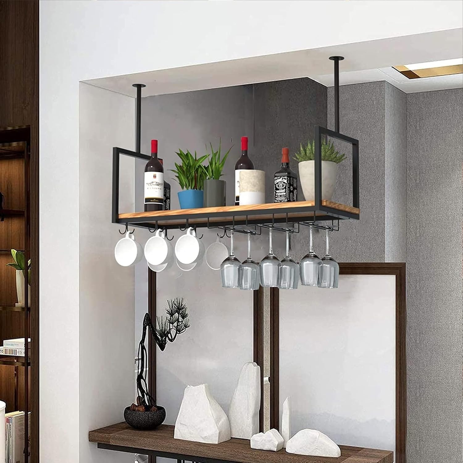 Ceiling Glass Holder - Hanging Wine Rack, Inverted Iron Wine Rack, Black Vintage Wall Hanging Plant Display, Bar/Restaurant Wine Rack, Bearing 60kg