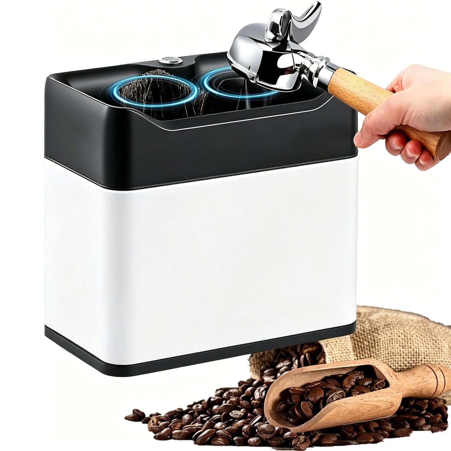 COAKUE Electric Espresso Portafilter Cleaner with 2 Scrapers for 58mm Baskets White