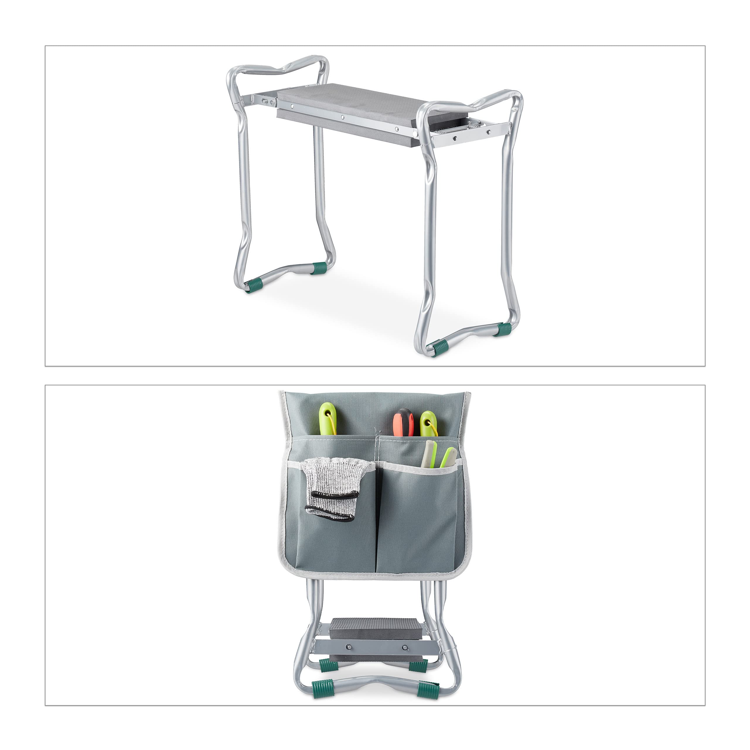 Relaxdays Agenouilloir de Jardinage, Pliable, soulage Les articulations, 150 kg Max, à 2 Poches, rembourré, argenté/Gris