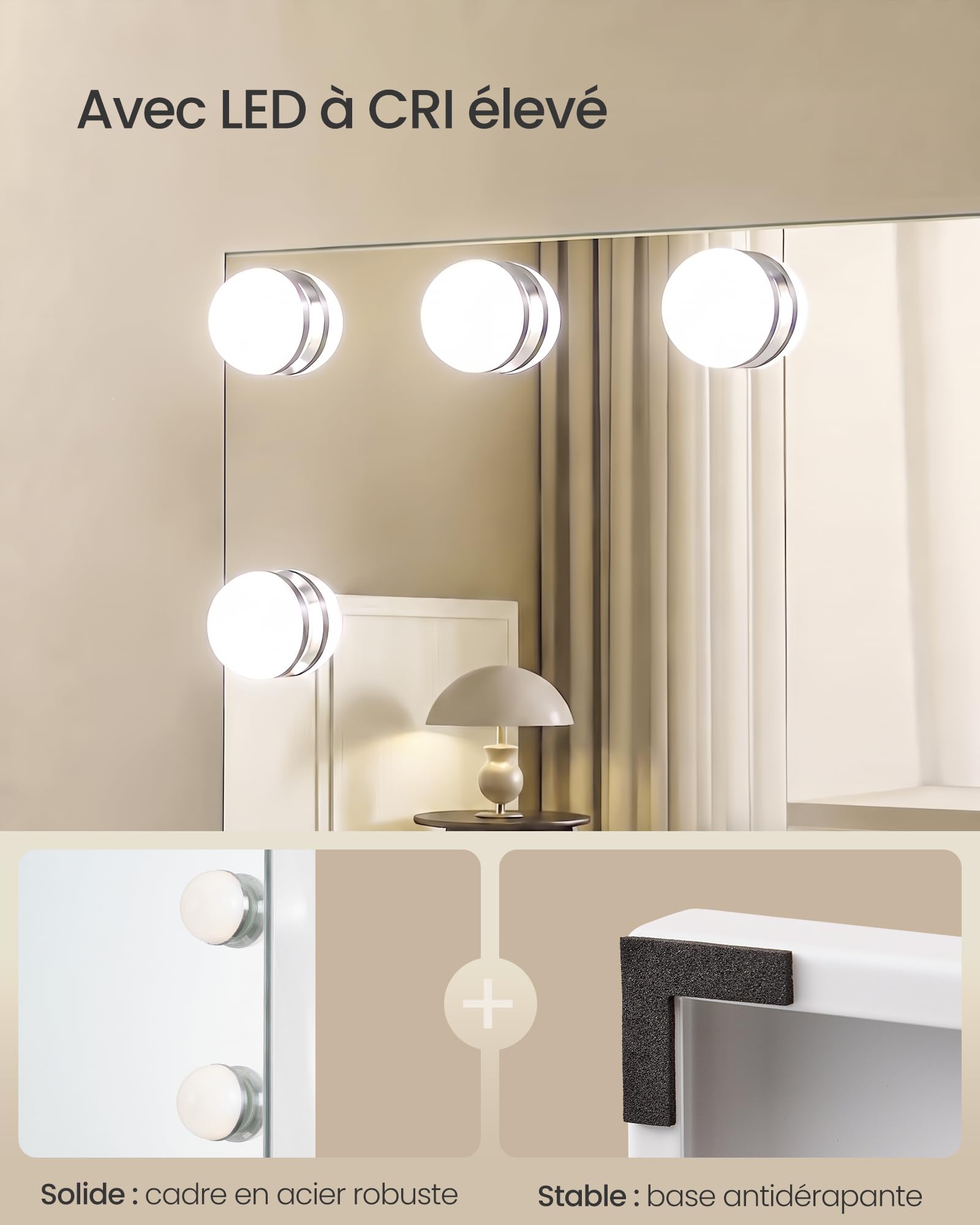 SONGMICS Miroir de Maquillage Lumineux pour Coiffeuse, avec 18 Ampoules LED, 3 Couleurs, Miroir Grossissant x10, USB, Mural ou de Table, 62 x 80 x 5,7 cm, Blanc Mat, Collection Berit LWM223WC02