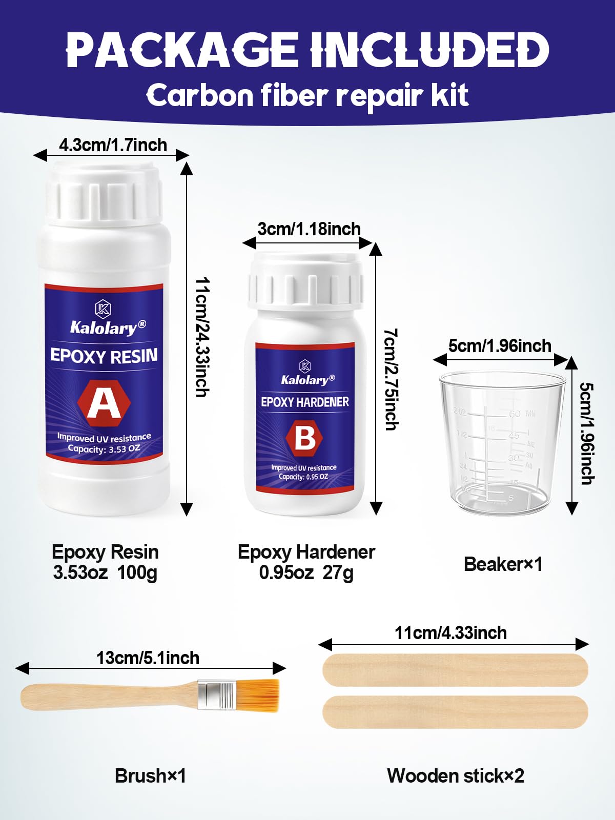 Kalolary 6P Kit de Réparation Fibre de Carbone, 100g Résine Époxy | 27g Durcisseur, Gobelets Doseurs, Bâtonnets de Mélange et Pinceau pour Réparations DIY Auto, Meubles, Vélos et Bateaux